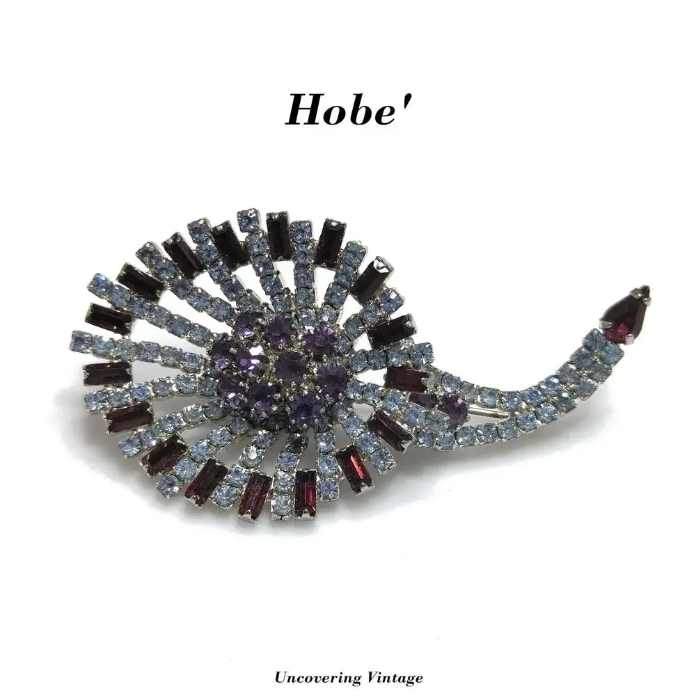 Vintage Hobe Rhinestone Brooch Purple Blue Rhodium Signed